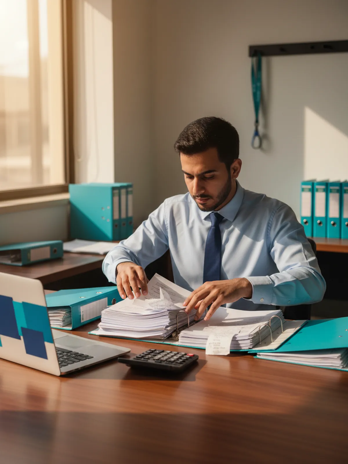 An accountant organises invoices and documents before the month-end close