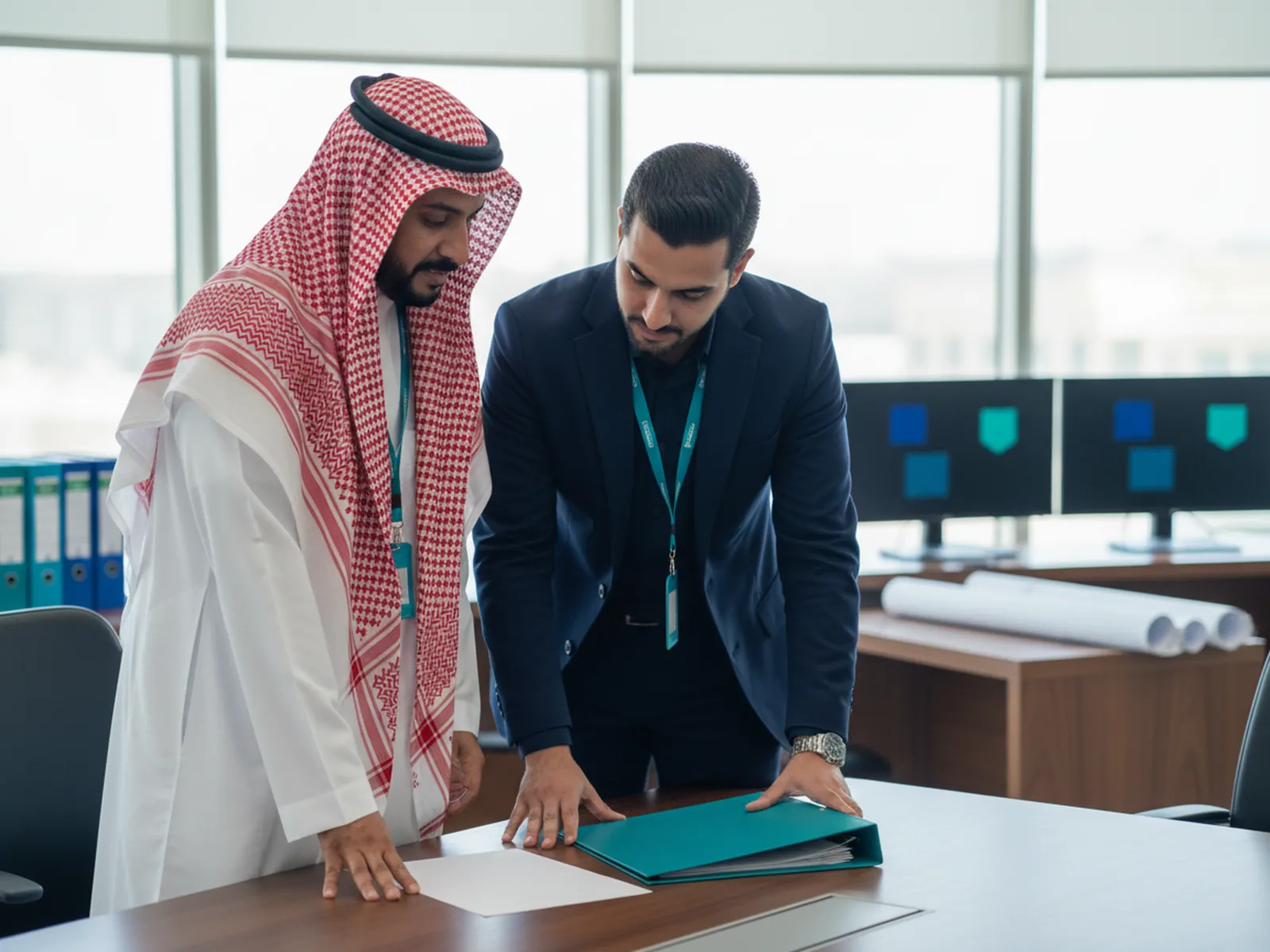 The general manager of a contracting company and an accountant review the financial statements section of the prequalification file