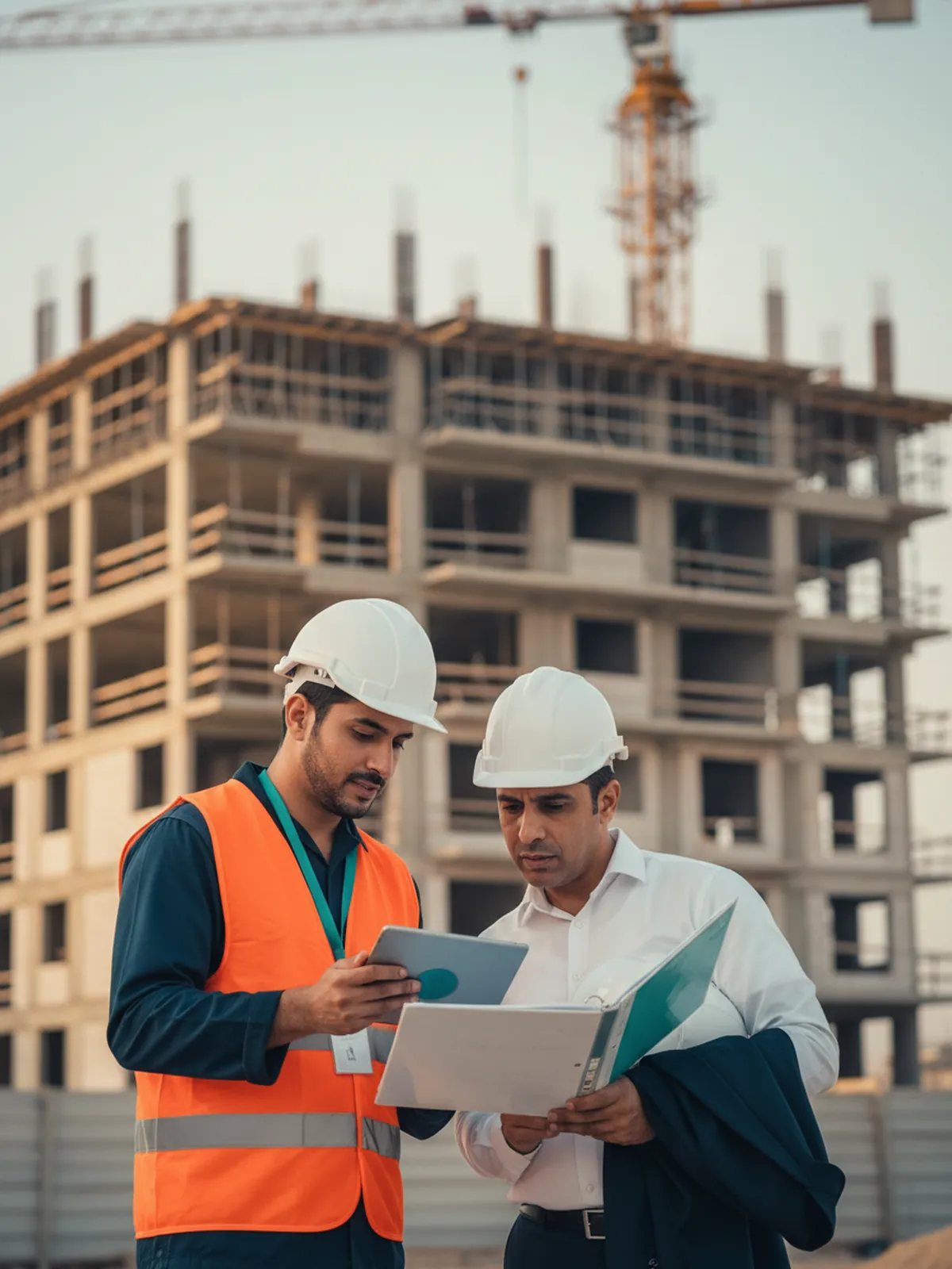 A site engineer and a consultant review the handover documents of a completed project on a construction site in Riyadh