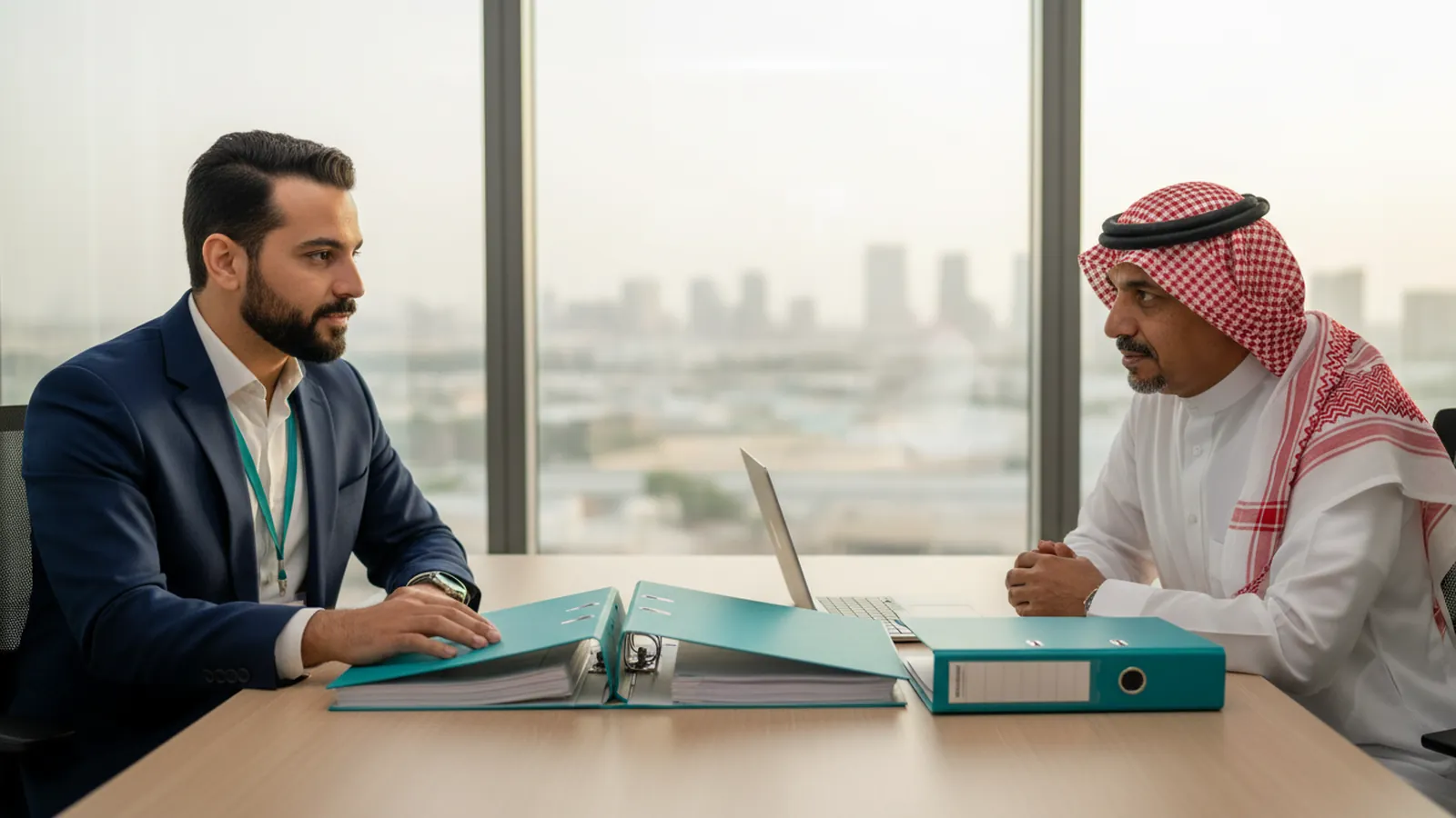 An Edaaat consultant reviews the classification file with the general manager of a contracting company: financial statements, completion certificates and the project list