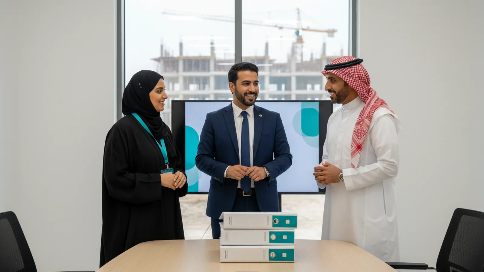 The Edaaat team with a contracting business owner in the site office, reviewing a single file of statements, projects and staff