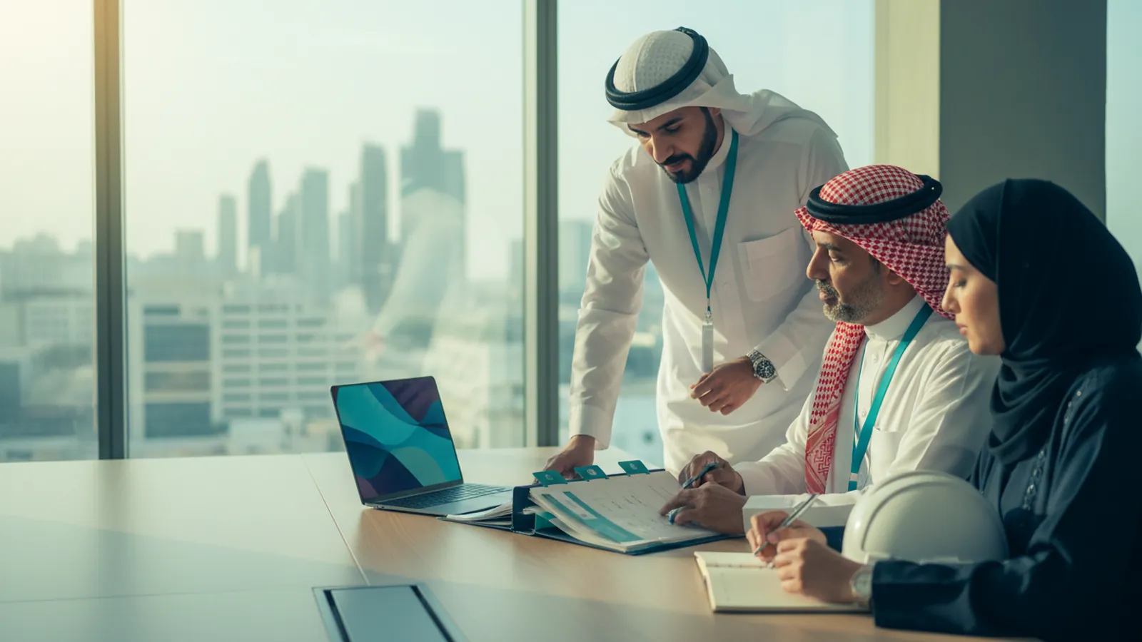 مستشار من إضاءات يراجع ملف المورد مع مدير شركة ومهندسة