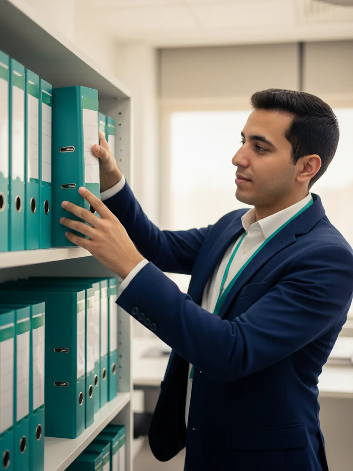 An HR officer organises employee files and contracts into orderly binders