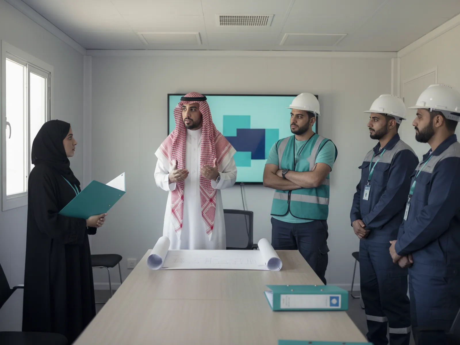 A small contracting company's team in a morning meeting inside the site office