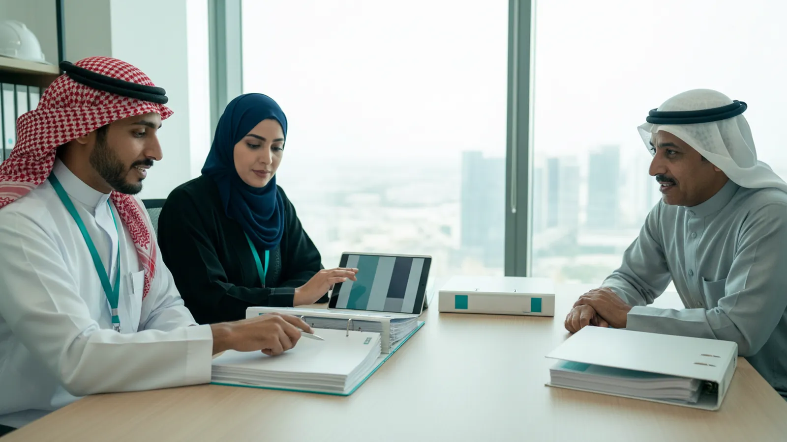 مستشار يراجع مع مدير شركة مقاولات ملف نظام إدارة الجودة قبل زيارة التدقيق في مكتب بالرياض