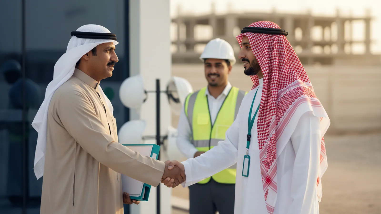 صاحب شركة مقاولات يصافح مستشارًا بعد اكتمال ملف نظام الإدارة أمام مكتب موقع في الرياض