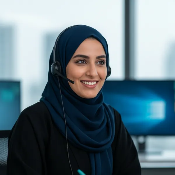 A customer-service advisor talks with a client over a headset