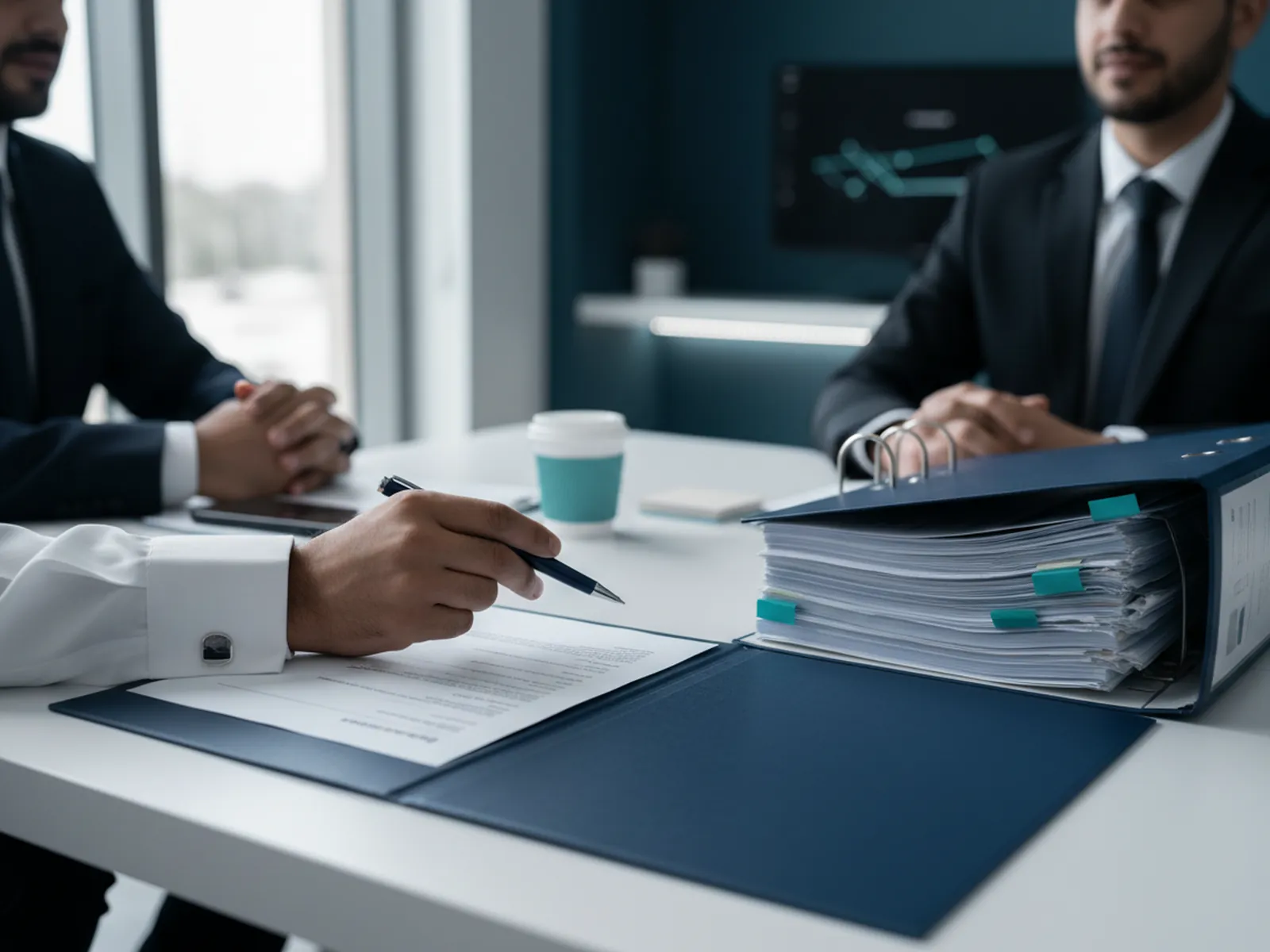 A consultant compares a thin registration file with a full qualification file with coloured dividers on a desk