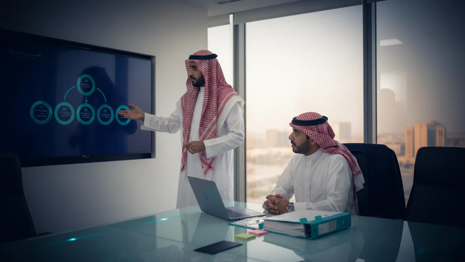 A consultant explains to a client the steps for preparing the registration and qualification file in a meeting room