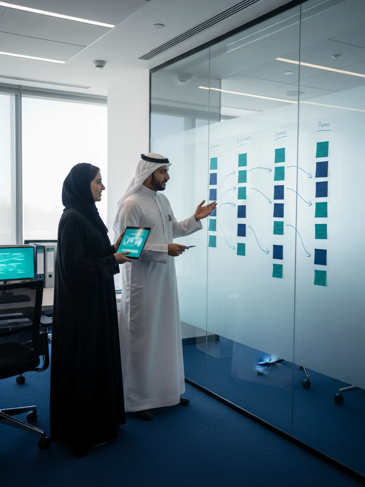 Two consultants plan the stages of the qualification file on a glass wall with sticky notes