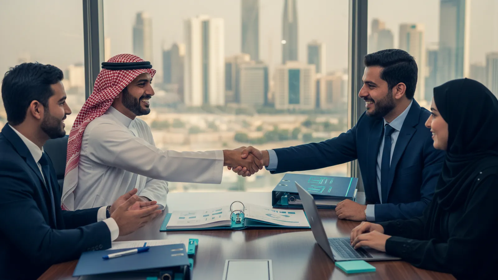 An advisory team shakes hands with a client after completing the qualification file
