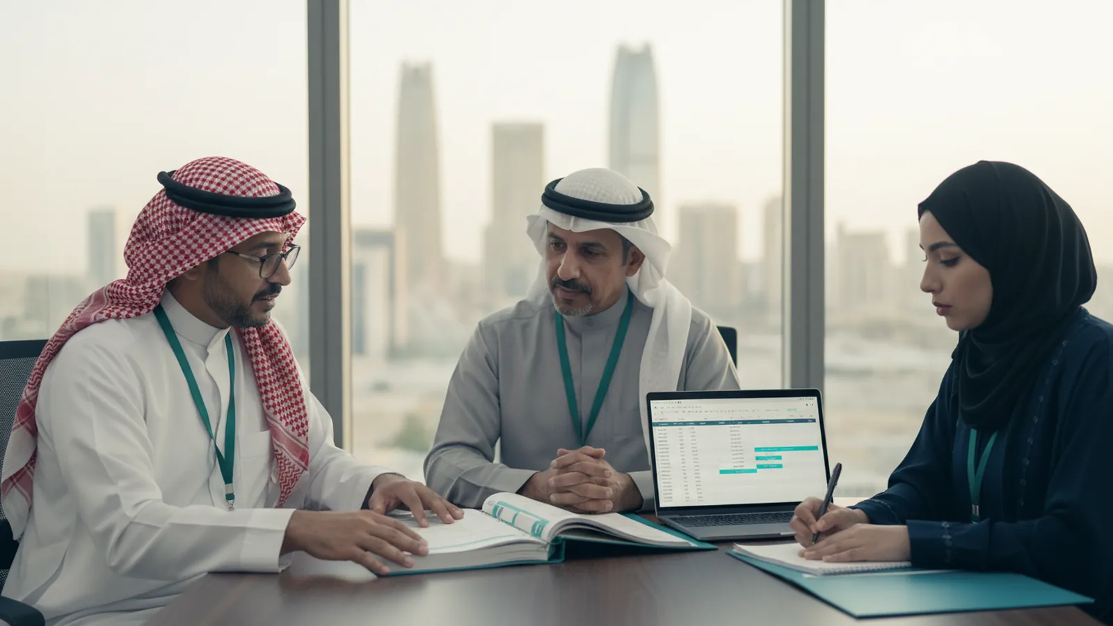 A consultant reviews a tender booklet with the general manager of a contracting company and a cost engineer in a meeting room in Riyadh