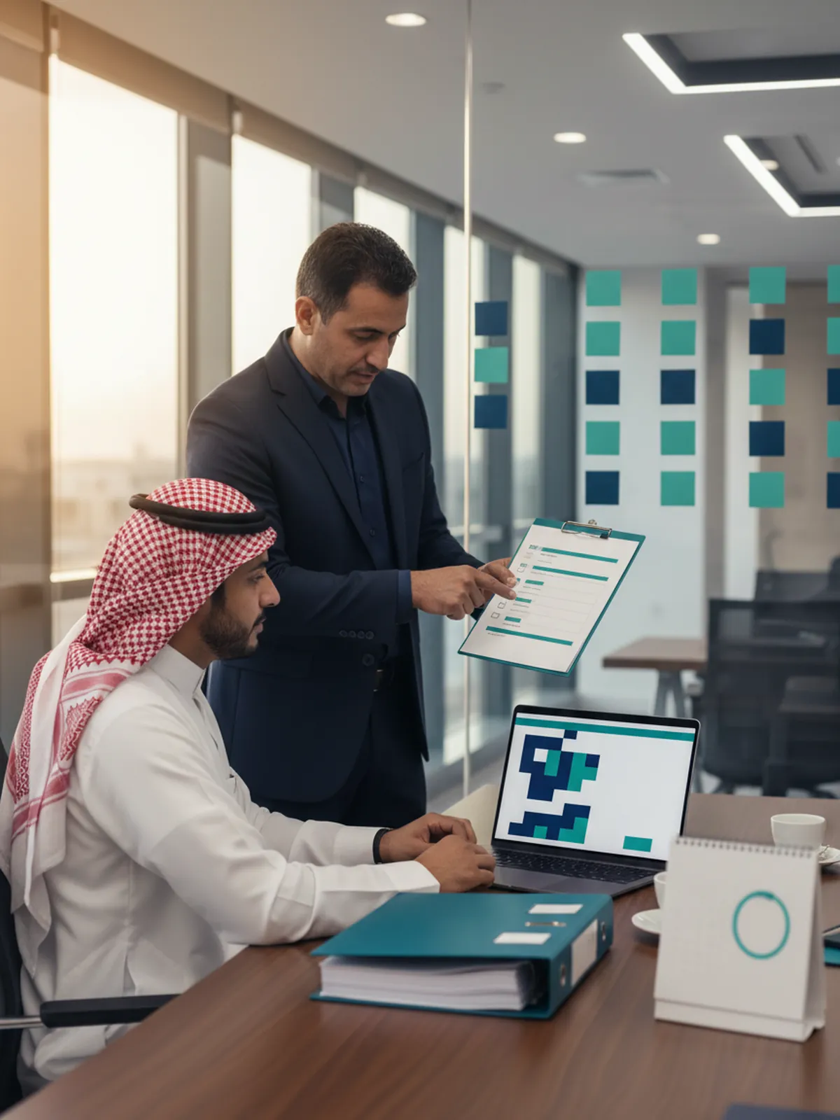 A contracting company's tender manager prepares to upload the bid from his computer, while a consultant goes through the final checklist with him before the deadline