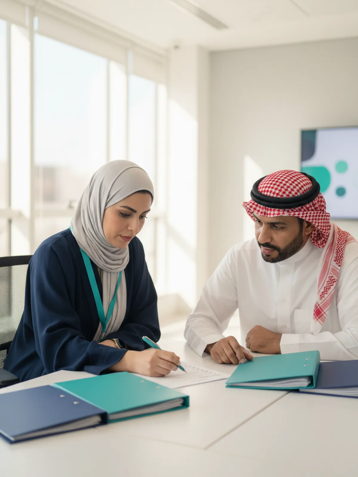 A consultant checks the eligibility documents and the bid-bond wording against a checklist with a company owner before the decision to enter the tender