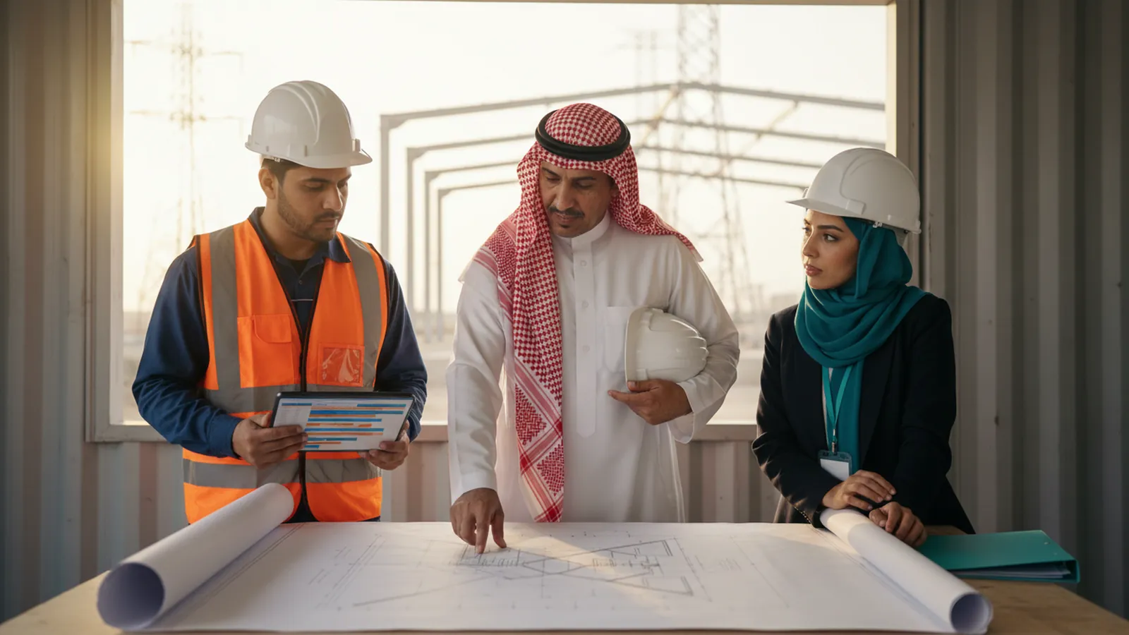 A contracting company owner and the site engineer discuss a drawing with a consultant at a project site in Riyadh